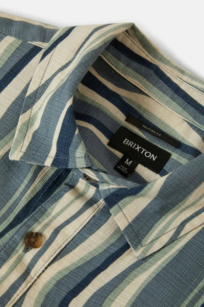 Brixton CRU Slub Relaxed S/S Kurz Arm Shirt - Basalt Blau Malerischer Streifen