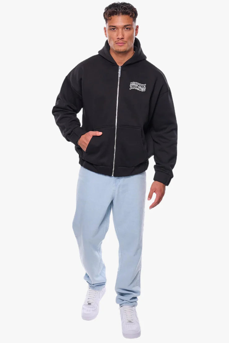 Dropsize ZH-010 HEAVY OVERSIZE MIRRORED LOGO ZIP-HOODIE Black