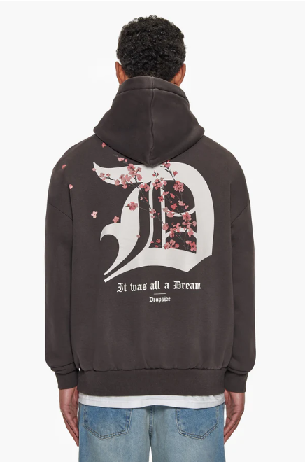 Dropsize HD-282 HEAVY OVERSIZE CHERRY FLOWERS HOODIE - WASHED BLACK