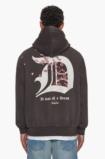 Dropsize  HD-282 HEAVY OVERSIZE CHERRY FLOWERS HOODIE WASHED BLACK