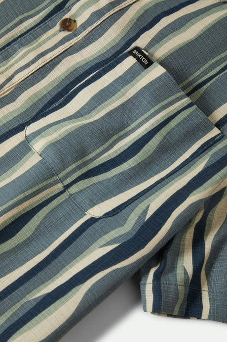 Brixton CRU Slub Relaxed S/S Kurz Arm Shirt - Basalt Blau Malerischer Streifen