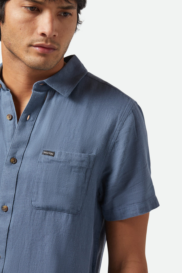 Brixton Charter Organic Cotton Linen Blend S/S Kurz Arm  Shirt - Azure Blau