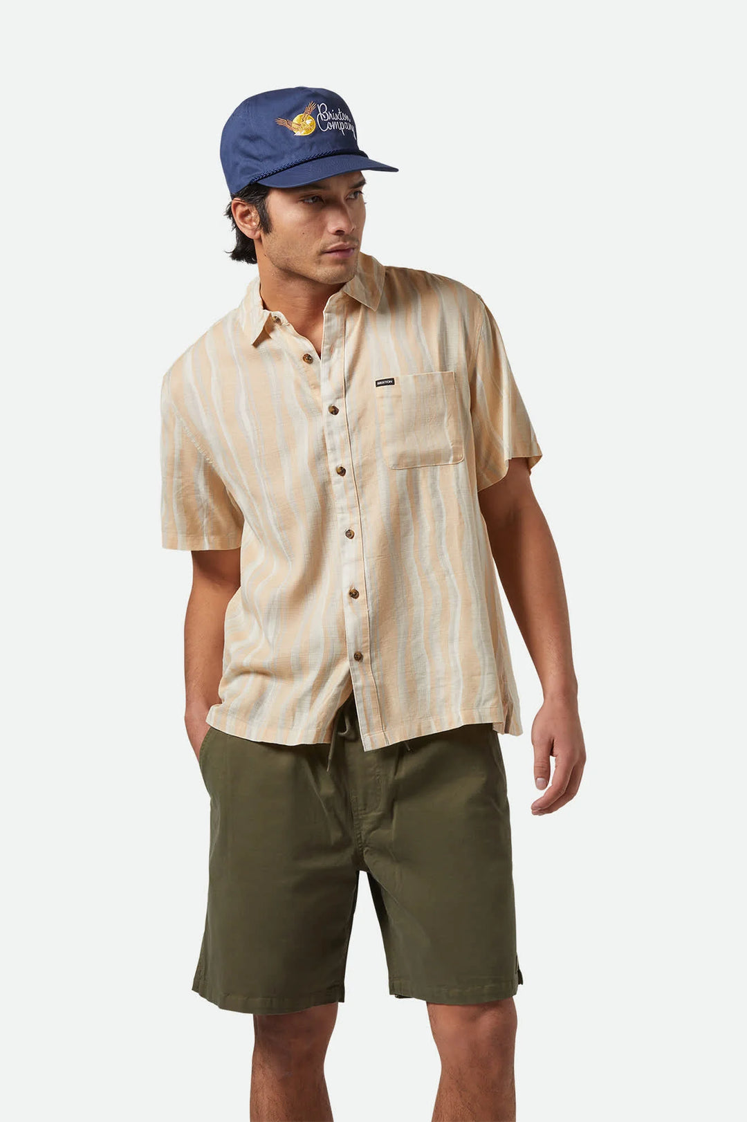 Brixton CRU Slub Relaxed S/S Kurz Arm Shirt - Haselnuss/Malerischer Streifen